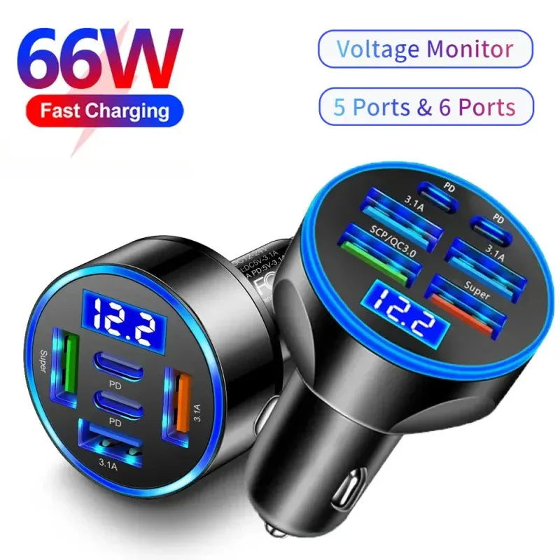 Cargador de Coche 66W – 5 Puertos USB con Pantalla Digital
