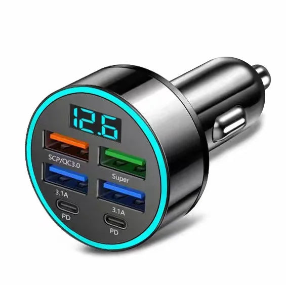Cargador de Coche 66W – 5 Puertos USB con Pantalla Digital