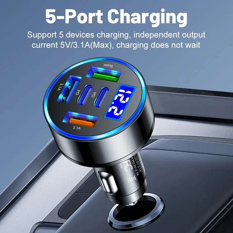 Cargador de Coche 66W – 5 Puertos USB con Pantalla Digital