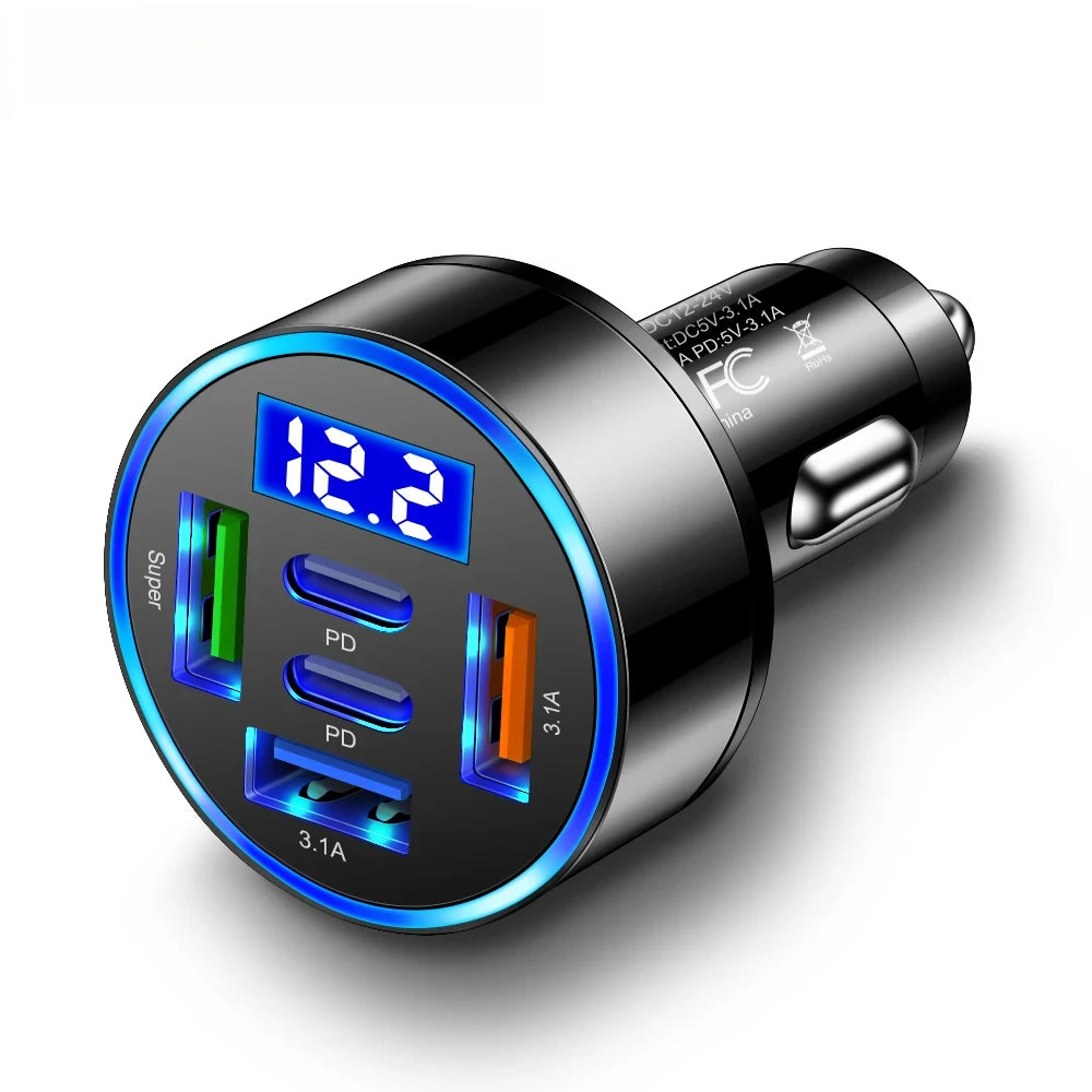 Cargador de Coche 66W – 5 Puertos USB con Pantalla Digital
